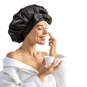 Silk Bonnet, Adjustable Hair Bonnet with Tie Band, Large, Black-0